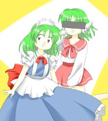  2girls :d blue_dress bow bowtie censored dress green_hair grey_eyes identity_censor maid_headdress medium_hair multi_(to_heart) multiple_girls nonamejd official_style open_mouth phantasmagoria_of_dim.dream pink_bow pink_bowtie pink_sailor_collar pink_skirt puffy_short_sleeves puffy_sleeves red_bow red_bowtie robot_ears ruukoto sailor_collar shirt short_sleeves single_horizontal_stripe skirt smile to_heart to_heart_(series) touhou touhou_(pc-98) two-tone_background white_background white_shirt yellow_background zun_(style) 