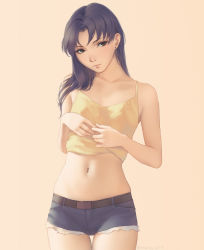 1girl bare_arms bare_shoulders belt belt_buckle black_eyes blue_shorts brown_background brown_belt buckle camisole camisole_lift closed_mouth clothes_lift collarbone commentary_request cowboy_shot earrings female_focus head_tilt highres jewelry katsuragi_misato lifting_own_clothes long_hair miura-n315 navel neon_genesis_evangelion purple_hair realistic short_shorts shorts simple_background solo stomach stud_earrings tan_background thigh_gap twitter_username yellow_camisole rating:Sensitive score:84 user:danbooru