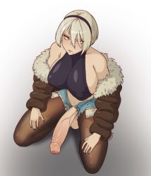 1futa 2b_(nier:automata) absurdres black_hairband black_nails blue_shorts breasts closed_mouth commentary covered_erect_nipples english_commentary erection expressionless foreskin fur_trim futanari grey_hair hairband half-closed_eyes highres huge_penis jacket large_breasts lipstick looking_at_viewer looking_up makeup mole mole_under_mouth nail_polish nier:automata nier_(series) pantyhose penis phimosis seiza short_hair short_shorts shorts sideboob sitting solo sulcate testicles uncensored veins veiny_penis rating:Explicit score:371 user:danbooru