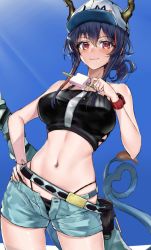  1girl :p arknights bare_shoulders baseball_cap belt belt_pouch bikini black_bikini black_hair blue_shorts blue_sky blush breasts ch&#039;en_(arknights) ch'en_(arknights) closed_mouth cowboy_shot day dragon_girl dragon_horns dragon_tail female_tourist_c_(arknights) food hand_on_own_hip hat heart heart_tail highres holding holding_food horns horns_through_headwear large_breasts light_rays long_hair looking_at_viewer multicolored_hair navel official_alternate_costume open_fly outdoors popsicle pouch red_eyes red_hair short_ponytail short_shorts shorts sky sleeveless smile solo srpzk stomach streaked_hair sunbeam sunlight swimsuit tail thong tongue tongue_out two_side_up watch white_hat wristwatch  rating:Sensitive score:29 user:danbooru