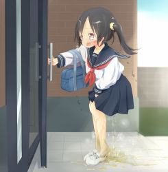 1girl 22m arm_up bag between_legs black_hair blue_sailor_collar blue_skirt blue_sky blush breath character_request crying day door embarrassed female_focus from_side hand_between_legs have_to_pee loli long_sleeves neckerchief open_mouth outdoors peeing peeing_self pink_eyes pleated_skirt puddle red_neckerchief sailor_collar school_uniform scrunchie serafuku shirt shoes short_hair side_ponytail skirt sky socks solo standing steam tears trembling wet wet_clothes white_footwear white_shirt white_socks rating:Questionable score:52 user:AngryZapdos