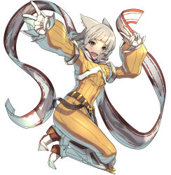  1girl :d animal_ears armored_boots belt boots brown_eyes cat_ears cat_girl dagger double_v fang fujisaki_eru full_body gloves highres jumpsuit knife looking_at_viewer nia_(xenoblade) open_mouth sheath sheathed short_hair simple_background skin_fang smile solo v weapon white_background white_gloves white_hair xenoblade_chronicles_(series) xenoblade_chronicles_2 yellow_jumpsuit 