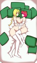  alisha bad_tag bete_noire betty_noire blonde_hair breasts brown_hair closed_eyes glitchtale green_pillow nude pillow red_hair sleeping socks white_socks z!betty zixy 