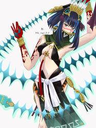  1girl bare_shoulders black_hair blood blood_on_hands blue_hair bracer breasts colored_inner_hair facepaint fate/grand_order fate_(series) feathers grey_eyes halterneck headdress hi_ragi_0_0 high_collar highres holding holding_weapon jewelry looking_at_viewer multicolored_hair navel short_hair sidelocks solo tassel tenochtitlan_(fate) tenochtitlan_(first_ascension)_(fate) twitter_username weapon whip white_background 