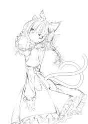  1girl animal_ears bad_id bad_pixiv_id bow braid cat_ears cat_girl cat_tail dress extra_ears female_focus greyscale hair_bow hand_on_own_face juliet_sleeves kaenbyou_rin lineart long_hair long_sleeves monochrome multiple_tails pointy_ears puffy_sleeves salmon_(saaamon) sketch solo tail temperature touhou twin_braids twintails 