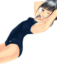 1girl ;o armpits arms_up bare_arms black_hair blue_eyes blunt_bangs blush breasts competition_school_swimsuit competition_swimsuit from_side kabocha_head looking_at_viewer one-piece_swimsuit one_eye_closed open_mouth original school_swimsuit short_hair sideboob simple_background skin_tight small_breasts solo swimsuit white_background rating:Sensitive score:32 user:danbooru
