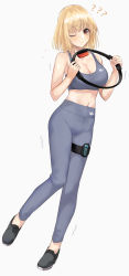 1girl ? black_footwear blonde_hair blue_pants blue_tank_top blush breasts cleavage closed_mouth commentary crop_top exercising fukuji_mihoko full_body grey_background high-waist_pants highres joy-con looking_at_viewer medium_breasts mexif midriff navel one_eye_closed pants red_eyes ring-con ring_fit_adventure saki_(manga) shoes short_hair simple_background sleeveless solo standing standing_on_one_leg sweat tank_top thigh_strap tight_clothes tight_pants trembling yoga_pants rating:Sensitive score:20 user:danbooru