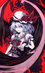  bat_wings belt dress fingernails flower flower_ornament hat hat_ornament long_fingernails looking_at_viewer mob_cap nail_polish pink_dress red_background red_eyes red_flower red_nails red_ribbon remilia_scarlet ribbon silver_hair solo touhou tsurime uni_(bom19850101) wings wrist_cuffs  rating:Sensitive score:0 user:Cloudberry_Metal