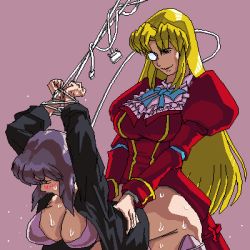 2girls bdsm bent_over blonde_hair blush bondage bottomless bound breasts cable cleavage closed_eyes clothing_aside commentary crossover cyborg doggystyle dress femdom frills ghost_in_the_shell implied_futanari jacket kusanagi_motoko large_breasts leotard leotard_aside long_hair lowres mcafee mcafee_antivirus monocle multiple_girls no_panties oekaki open_clothes open_jacket os-tan personification purple_background purple_hair rakugaki rakugaki_(artist) red_dress role_reversal sex sex_from_behind sexually_suggestive short_hair simple_background smile sweat thighhighs yuri