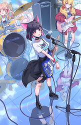  3girls ahoge animal_ears bass_guitar black_choker black_footwear black_hair black_jacket black_mask blonde_hair blue_archive blush cat_ears choker closed_mouth colored_inner_hair drum electric_guitar extra_ears guitar hair_between_eyes halo highres holding holding_instrument instrument jacket kazusa_(band)_(blue_archive) kazusa_(blue_archive) long_hair long_sleeves low_twintails mask mask_pull microphone microphone_stand mouth_mask multicolored_hair multiple_girls music natsu_(band)_(blue_archive) natsu_(blue_archive) official_alternate_costume open_clothes open_jacket open_mouth pink_hair pink_halo playing_instrument red_eyes red_jacket shirakawafel shirt shoes short_hair smile socks standing thigh_strap twintails white_shirt white_socks yellow_eyes yellow_halo yellow_jacket yoshimi_(band)_(blue_archive) yoshimi_(blue_archive) 