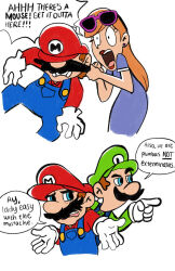 1girl 2boys brooklyn_lady_(mario) brown_hair domestic_maid earrings facial_hair gloves hat highres jewelry lipstick long_hair looking_at_another luigi makeup mario mario_(series) multiple_boys mustache nintendo open_mouth overalls scared screaming skirt speech_bubble sunglasses talking the_super_mario_bros._movie