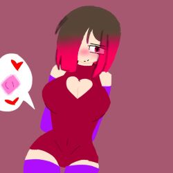  background-color bete_noire breasts brown_hair clothes condom glitchtale pink_eyes red_eyes red_hair short_hair wearing_clothes 