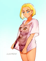  1girl animal_print backlighting blonde_hair blue_eyes breasts cammy_white cat_print commentary english_commentary facial_scar highres long_shirt mismatched_eyebrows naked_shirt print_shirt quasimodox scar scar_on_cheek scar_on_face shirt shirt_tug short_hair silhouette solo street_fighter street_fighter_6 t-shirt 