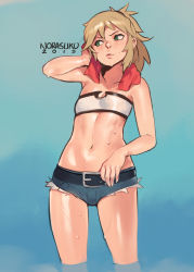  1girl 2019 absurdres artist_name bare_arms bare_legs bare_shoulders belt black_belt blonde_hair blue_background braid breasts fate/grand_order fate_(series) green_eyes hand_in_own_hair highres looking_to_the_side mordred_(fate) mordred_(fate/apocrypha) mordred_(memories_at_trifas)_(fate) navel norasuko orange_towel ponytail red_scrunchie scrunchie short_shorts shorts simple_background small_breasts solo standing sweat towel  rating:Sensitive score:66 user:danbooru