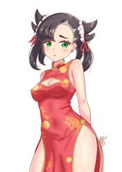  1girl absurdres alternate_costume arms_behind_back asymmetrical_bangs bare_shoulders black_hair blush breasts china_dress chinese_clothes cleavage cleavage_cutout clothing_cutout commentary_request creatures_(company) dress earrings eyelashes frills game_freak green_eyes hair_horns highres jewelry maho_(corotonton5150) marnie_(pokemon) medium_breasts medium_hair nintendo open_mouth parted_lips pokemon pokemon_swsh revision simple_background solo white_background 