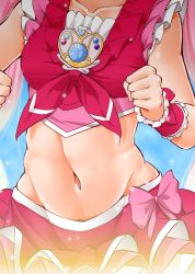  10s 1girl bow brooch close-up collarbone cure_melody frilled_skirt frills h-kagaminn head_out_of_frame highres houjou_hibiki jewelry kanichiri long_hair magical_girl midriff navel out_of_frame pink_bow pink_hair pink_skirt precure skirt solo stomach suite_precure twintails wrist_cuffs 