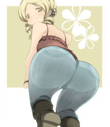  10s 1girl ass ass_focus blonde_hair boots casual denim drill_hair from_below hair_ornament huge_ass jeans looking_down mahou_shoujo_madoka_magica mahou_shoujo_madoka_magica_(anime) name_john pants smile solo tomoe_mami yellow_eyes  rating:Questionable score:209 user:danbooru
