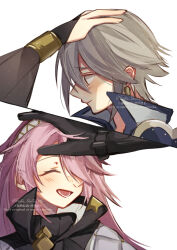  1boy 2girls black_gloves bridal_gauntlets closed_eyes closed_mouth father_and_daughter fire_emblem fire_emblem_awakening fire_emblem_fates gambeson gloves grey_hair hand_on_another&#039;s_head inigo_(fire_emblem) laslow_(fire_emblem) long_hair lower_teeth_only mother_and_son multiple_girls nintendo olivia_(fire_emblem) open_mouth pink_hair short_hair siesta_festival soleil_(fire_emblem) teeth white_background 