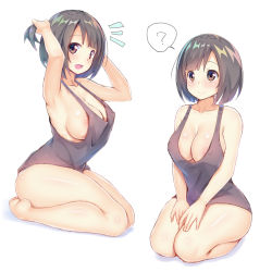 1girl ? ^^^ a.x. absurdres adjusting_hair areola_slip arms_up bare_legs blush breasts brown_eyes covered_erect_nipples grey_hair hands_on_thighs highres holding holding_own_hair large_breasts looking_at_viewer multiple_views no_bra open_mouth original seiza short_hair simple_background sitting spoken_question_mark tank_top white_background rating:Questionable score:61 user:danbooru
