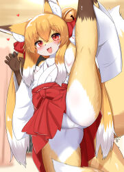  1girl :d animal_ear_fluff animal_ears armpits bell blonde_hair blush body_fur bow claw_pose dated detached_sleeves fangs fox_ears fox_girl fox_tail furry furry_female hair_bell hair_bow hair_ornament heart high-waist_skirt highres horokusa_(korai) japanese_clothes jingle_bell kneepits legs looking_at_viewer miko multicolored_fur multicolored_hair open_mouth original panties red_bow red_eyes red_skirt sidelocks skirt smile solo split standing standing_on_one_leg standing_split tail thighs twintails underwear white_hair white_panties 