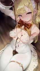  1girl arm_up aya_shobon bare_shoulders blonde_hair blush bow bowtie bra breasts breasts_apart chocolate chocolate_on_body chocolate_on_breasts chocolate_syrup covered_erect_nipples covered_navel elbow_gloves food_on_body gloves green_eyes grin highres hikimayu long_hair looking_at_viewer maid_headdress original pantyhose sitting smile solo sweat thigh_strap underwear white_bra white_gloves white_pantyhose 