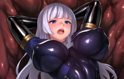  1girl bodysuit breasts covered_erect_nipples large_breasts latex long_hair nipples open_mouth original purple_eyes rindou_(radical_dream) tentacles white_hair 
