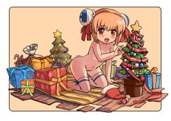  1girl a-801 bent_over blonde_hair blush christmas_tree flat_chest gift highres loli nude pine_tree short_hair tagme thighhighs thighs tree uncensored  rating:Questionable score:40 user:little_clam