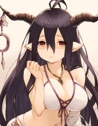 1girl antenna_hair bad_id bad_pixiv_id bandaged_arm bandages bare_arms bare_shoulders bikini black_hair breasts cleavage collarbone commentary_request danua draph front-tie_bikini_top front-tie_top granblue_fantasy hair_between_eyes hand_up highres horn_ornament horns jewelry koretsuki_azuma large_breasts leaning_forward long_hair looking_at_viewer navel necklace parted_lips pointy_ears red_eyes shaded_face side-tie_bikini_bottom sidelocks solo stomach swimsuit upper_body very_long_hair white_bikini rating:Sensitive score:9 user:danbooru