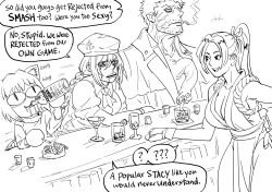  1boy 3girls alcohol bb_(baalbuddy) braid braided_ponytail breasts chibi cleavage commentary crossover drinking english_commentary english_text fatal_fury greyscale highres melty_blood monochrome multiple_girls neco-arc nintendo nrvnqsr_chaos ponytail revealing_clothes scar scar_across_eye scar_on_face shiranui_mai simple_background sion_eltnam_atlasia smash_is_for_good_boys_and_girls smoking snk speech_bubble super_smash_bros. the_king_of_fighters tsukihime white_background 