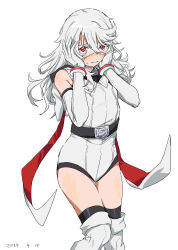  1girl absurdres bare_shoulders blush closed_mouth dated elbow_gloves gloves grey_gloves grey_hair grey_leotard hands_up highres leotard long_hair official_alternate_hair_length official_alternate_hairstyle red_eyes shy_(character) shy_(series) simple_background solo takatisakana white_background  rating:Sensitive score:3 user:danbooru