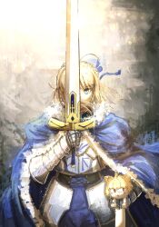  1girl ahoge armor artoria_pendragon_(all) artoria_pendragon_(fate) blonde_hair blue_cape cape commentary elden_ring elden_ring:_shadow_of_the_erdtree english_commentary fate/stay_night fate_(series) fur-trimmed_cape fur_trim gauntlets green_eyes highres holding holding_sword holding_weapon looking_at_viewer melty_blood neco-arc ononotsu parody saber_(fate) sword trait_connection tsukihime weapon  rating:General score:2 user:danbooru