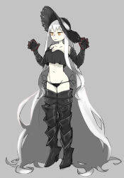  1girl absurdly_long_hair abyssal_ship aircraft_carrier_oni aircraft_carrier_summer_oni armored_boots bikini black_bikini black_footwear black_hat boots breasts clenched_teeth full_body gauntlets grey_background grey_hair hat highres kantai_collection large_breasts long_hair orange_eyes side-tie_bikini_bottom simple_background solo standing strapless strapless_bikini sun_hat swimsuit teeth thigh_boots thighhighs tirarizun very_long_hair white_hair 