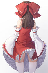 1girl absurdres bare_shoulders black_hair bow commentary_request cowboy_shot detached_sleeves from_behind gradient_background grey_background hair_bow hakurei_reimu highres korean_commentary long_hair long_sleeves panties pantyshot petticoat red_bow red_skirt ribbon-trimmed_sleeves ribbon_trim skirt skirt_hold skirt_set solo standing thighhighs thighs touhou underwear white_background white_panties white_thighhighs wide_sleeves ziro_(zirorong) rating:Sensitive score:33 user:danbooru