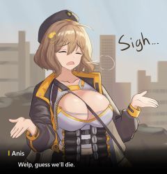  1girl absurdres anis_(nikke) breasts brown_hair building character_name cleavage closed_eyes collarbone dialogue_box english_text goddess_of_victory:_nikke hair_ornament highres jacket kurofuro large_breasts open_mouth sigh solo  rating:Sensitive score:66 user:danbooru