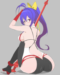  1girl antenna_hair arc_system_works ass bare_shoulders blazblue blazblue:_central_fiction blazblue_variable_heart blush blush_stickers boots breasts dimples_of_venus fingerless_gloves from_behind genderswap genderswap_(mtf) gloves hair_ribbon halterneck huge_ass large_breasts long_hair looking_at_viewer looking_back mai_natsume mikaponcho outseal pants polearm ponytail purple_eyes purple_hair ribbon shiny_clothes shiny_skin sideboob sitting solo spear weapon  rating:Questionable score:34 user:armorcrystal