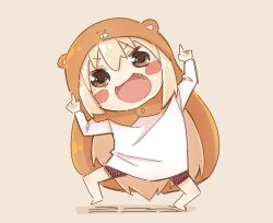  1girl :d barefoot blush_stickers brown_background brown_eyes brown_hair brown_shorts commentary_request doma_umaru full_body hair_between_eyes hands_up himouto!_umaru-chan leaning_to_the_side long_hair long_sleeves looking_at_viewer open_mouth shadow shirt shorts simple_background smile solo standing standing_on_one_leg very_long_hair white_shirt yukie_(kusaka_shi) 