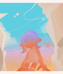  1girl agent_8_(splatoon) aull3 bare_arms bare_shoulders blue_sky bodysuit cloud drone gradient_hair gradient_sky highres letterboxed looking_up medium_hair multicolored_hair multicolored_sky nintendo no_mouth octoling octoling_girl octoling_player_character orange_sky pearl_drone_(splatoon) purple_eyes purple_hair purple_sky red_hair sky splatoon_(series) splatoon_3 splatoon_3:_side_order suction_cups tentacle_hair two-tone_hair white_bodysuit 