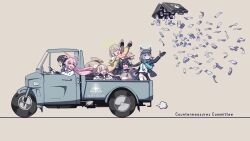  6+girls :d animal_ear_fluff animal_ears ayane_(blue_archive) bag balaclava banknote black_hair black_jacket black_sailor_collar blazer blue_archive blue_eyes blue_necktie blue_scarf brown_hair car cardigan cat_ears cat_girl collared_shirt commentary_request driving english_text foreclosure_task_force_(blue_archive) glasses grey_hair hair_between_eyes hair_bun hair_ornament hairclip halo heterochromia hifumi_(blue_archive) highres holding holding_bag hoshino_(blue_archive) jacket long_hair long_sleeves looking_at_another mask mask_on_head medium_hair mismatched_pupils money motor_vehicle multiple_girls neckerchief necktie nonomi_(blue_archive) open_cardigan open_clothes open_mouth pink_hair pointy_ears red_eyes sack sailor_collar scarf school_uniform serafuku serika_(blue_archive) shiroko_(blue_archive) shirt short_hair shoulder_strap sidelocks simple_background single_side_bun smile steering_wheel suitcase twintails weapon white_serafuku white_shirt wind wing_hair_ornament wolf_ears wolf_girl yellow_cardigan yellow_eyes yellow_neckerchief yukimi_unagi 