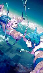  2girls :d akroglam blue_hair blunt_bangs cloud commentary_request cone_hair_bun crescent_moon diamond-shaped_pupils diamond_(shape) double_bun floating grey_jacket hair_bun holding_hands jacket lena_(akroglam) long_hair long_sleeves looking_at_another midair moon multiple_girls nina_(akroglam) official_art open_mouth outdoors puffy_long_sleeves puffy_sleeves second-party_source siblings sisters sky smile star_(sky) starry_sky symbol-shaped_pupils twins white_hair yellow_eyes 