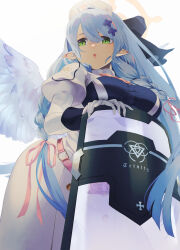  1girl angel angel_wings blue_archive blue_hair braid breasts dress from_below gloves green_eyes halo hat highres holding holding_shield large_breasts long_hair looking_at_viewer mine_(blue_archive) mori_yashiro_(konkon_oyashiro) nurse_cap pointy_ears puffy_sleeves riot_shield shield side_braid solo very_long_hair white_dress wings 