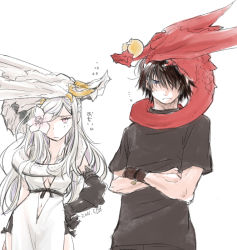 2boys 2girls angel_(drag-on_dragoon) animal animal_on_head blue_eyes bow caim_(drag-on_dragoon) chibi closed_eyes commentary_request dated drag-on_dragoon drag-on_dragoon_1 drag-on_dragoon_3 dragon flower flower_eyepatch flying_sweatdrops hair_over_one_eye hand_on_own_hip long_hair mikhail_(drag-on_dragoon) multiple_boys multiple_girls navel on_head pink_eyes prosthesis prosthetic_arm ribbon shirt simple_background sinluh t-shirt tail tail_wrap white_background white_hair zero_(drag-on_dragoon) 