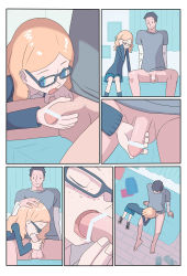 1boy 1girl absurdres bar_censor black-framed_eyewear blonde_hair blue_eyes censored closed_eyes comic fellatio freckles glasses hand_on_another&#039;s_head hetero highres hotelblue indoors jpeg_artifacts loli madeline_(hotelblue) open_mouth oral original penis silent_comic sitting testicles tongue rating:Explicit score:143 user:Dweenie