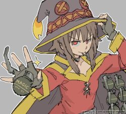  1girl adjusting_clothes adjusting_headwear anachronism black_cape breasts brown_hair cape dress explosive fingerless_gloves gloves grenade grenade_pin kono_subarashii_sekai_ni_shukufuku_wo! megumin mouth_hold pantsu-ripper red_dress red_eyes small_breasts smile solo sparkle upper_body v-shaped_eyebrows watermark web_address witch 