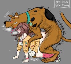  1boy 1girl all_fours animal_ears bestiality braid brown_hair crossover dog doggystyle hetero hololive inugami_korone scooby-doo scooby-doo_(character) sex sex_from_behind twin_braids virtual_youtuber  rating:Explicit score:178 user:Torghast_