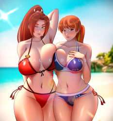 2girls absurdres artist_name asymmetrical_docking beach bikini blue_bikini blush breast_press breasts brown_eyes brown_hair cleavage cowboy_shot crossover curvy dead_or_alive embarrassed fatal_fury female_focus hand_on_own_chest highres huge_breasts kasumi_(doa) large_breasts long_hair looking_at_viewer matching_hair/eyes midriff multi-strapped_bikini multiple_girls navel ninja one_eye_closed outdoors parted_lips ponytail qobals red_bikini red_eyes shiranui_mai smile snk standing sunlight swimsuit the_king_of_fighters thick_thighs thighs trait_connection underboob watermark wide_hips wink rating:Questionable score:41 user:danbooru