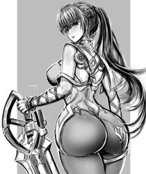  1girl ass breasts curvy eve_(stellar_blade) holding holding_sword holding_weapon huge_ass large_breasts long_hair planet_diving_suit_(6th)_(stellar_blade) ponytail solo stellar_blade sword very_long_hair weapon  rating:Sensitive score:7 user:jojosstand