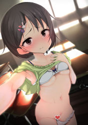 1girl allez0525 armpits black_eyes black_hair blush bra bra_lift breasts brown_eyes rabbit_hair_ornament censored chair classroom clothes_lift desk green_shirt hair_ornament hairclip hand_on_own_chest heart heart_censor idolmaster idolmaster_cinderella_girls idolmaster_cinderella_girls_starlight_stage indoors lifting_own_clothes looking_at_viewer medium_breasts navel nose_blush panties panty_pull sasaki_chie school_chair school_desk selfie shirt shirt_lift short_hair short_sleeves solo stomach underwear