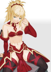  1girl bare_shoulders black_thighhighs blonde_hair blue_eyes bra braid breasts commentary_request detached_collar detached_sleeves fate/apocrypha fate/grand_order fate_(series) hand_up highres kikken midriff mordred_(fate) mordred_(fate/apocrypha) navel pelvic_curtain ponytail red_bra sitting skirt small_breasts smile solo strapless strapless_bra thighhighs thighs toned underwear  rating:Sensitive score:20 user:danbooru