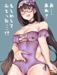 belly belly_grab bow breasts brown_hair choker cleavage covered_navel fate/grand_order fate_(series) frilled_swimsuit frills glasses hair_bow hair_ribbon highres large_breasts long_hair looking_at_viewer one-piece_swimsuit open_mouth osakabehime_(fate) plump purple_eyes purple_one-piece_swimsuit ribbon solo sweatdrop swimsuit taremayu_(kikai_tomato) translated two_piece very_long_hair weight_conscious rating:Sensitive score:34 user:danbooru