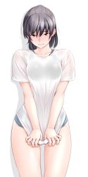  1girl amagami black_eyes black_hair blush clenched_teeth covering_crotch covering_privates embarrassed highres looking_at_viewer one-piece_swimsuit ponytail sasaki_akira_(ugc) see-through see-through_shirt shirt shirt_tug short_hair simple_background solo standing swimsuit swimsuit_under_clothes t-shirt teeth thighs tsukahara_hibiki wet wet_clothes wet_shirt white_background 